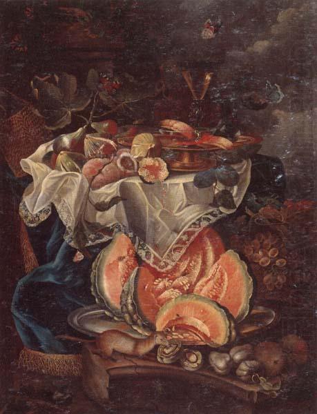 unknow artist Still life of grapes,sweet breads and a glass of wine upon a gilt tazza,set upon a table draped with a blue rug,together with figs and peaches,beneath china oil painting image